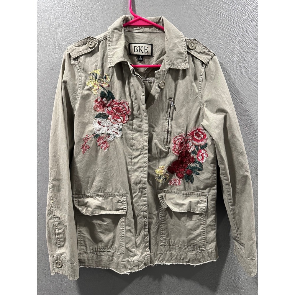 BKE Women Tan Khaki Floral Embroidered Utility Military Jacket Small